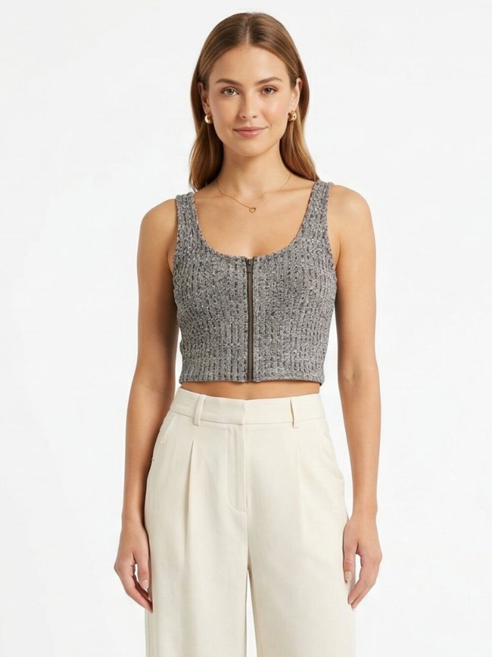 Lovers + Friends Marled Black & White Knit Zip-Up Crop Top size Small